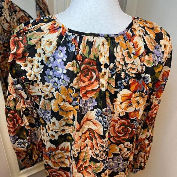 Olivaceous floral 100% cotton peasant blouse w tassels, Size Medium - Picture 9 of 15